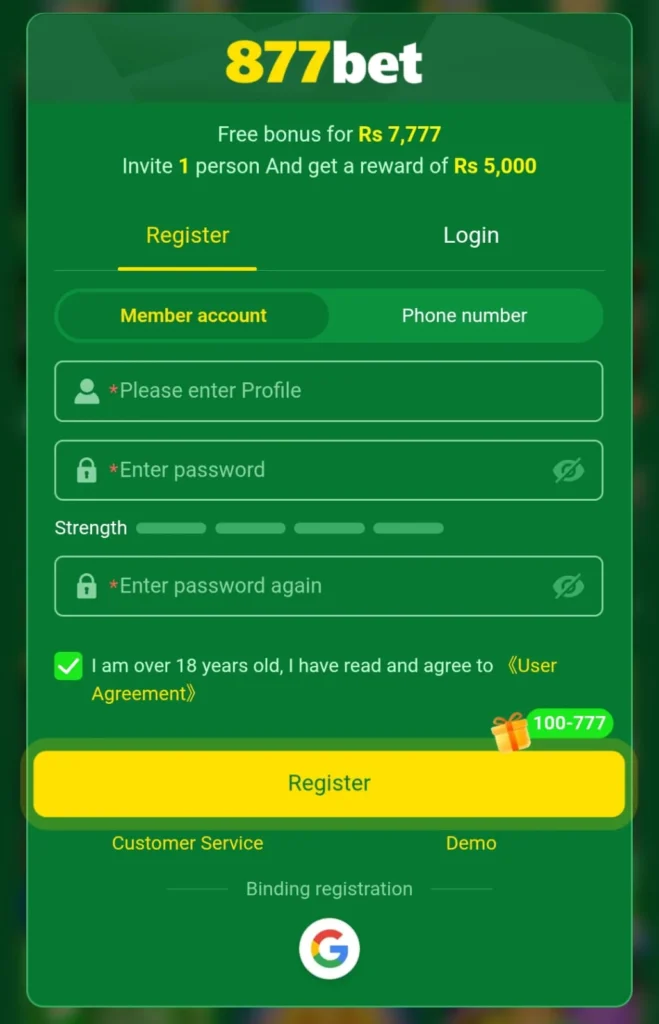 877Bet account register
